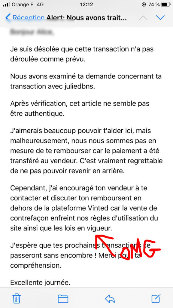 La réponse de Vinted quand on s'est fait arnaquer